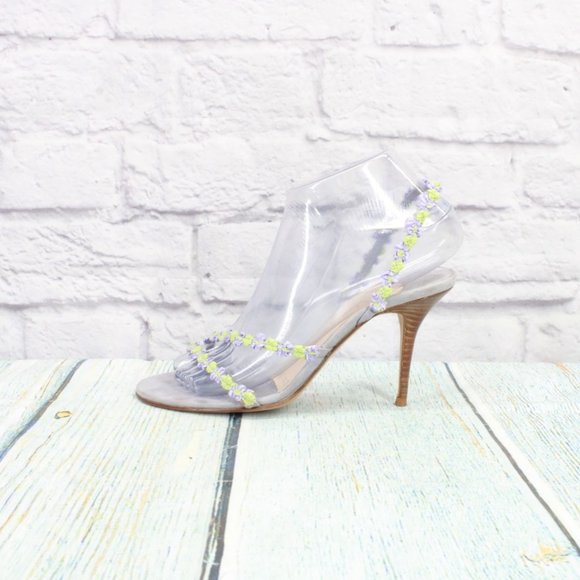 Cole Haan Blue Suede Green Silver Floral Strap Stiletto Heel Pumps 6 B - Picture 2 of 10